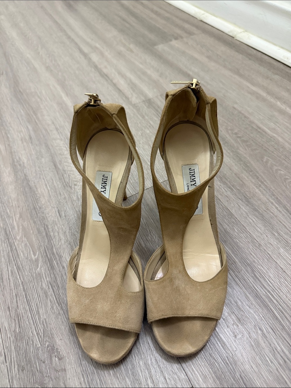 Jimmy Choo Tan Suede T-Strap Heels